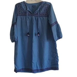 J. Jill Blue Embroidered Denim Tassel Tunic Dress Size MP